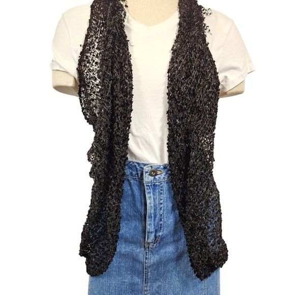 Black Scarf Poncho Vest Adjustable Tassel Wrap - Picture 2 of 4
